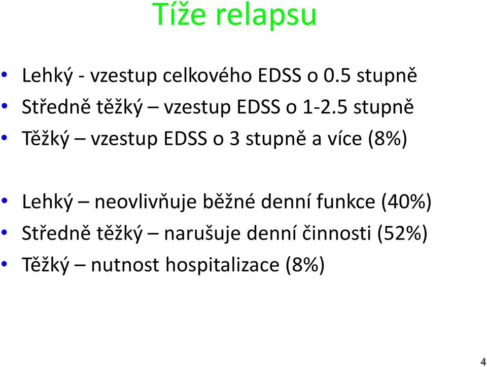 5 stupně Těžký vzestup EDSS o 3 stupně a více (8%) Lehký