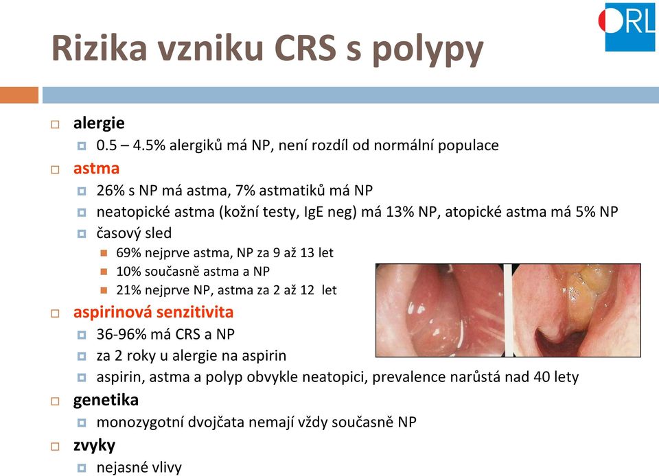 má 13% NP, atopické astma má 5% NP časový sled 69% nejprve astma, NP za 9 až 13 let 10% současně astma a NP 21% nejprve NP, astma za 2