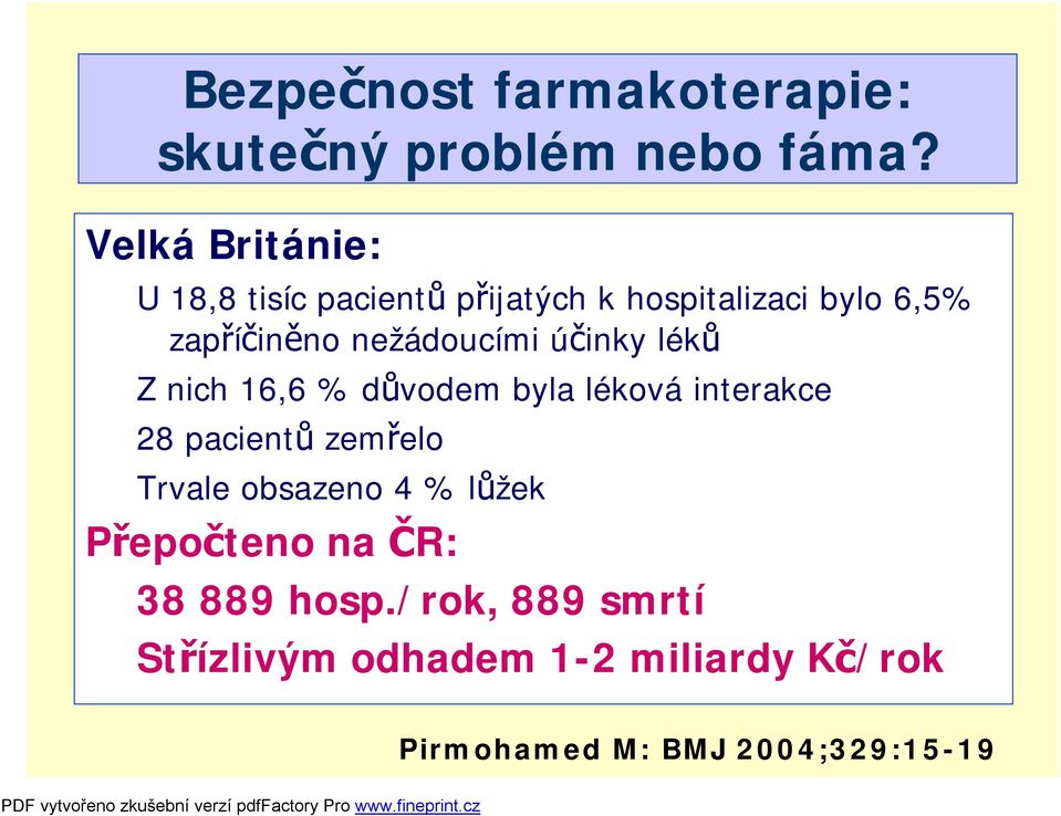 nežádoucími účinky léků Z nich 16,6 % důvodem byla léková interakce 28 pacientů zemřelo