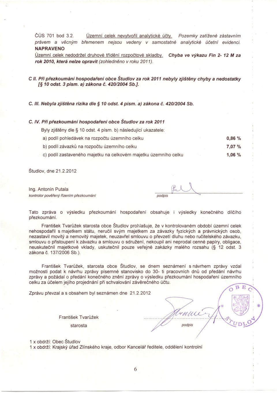 Při přezkoumání hospodaření obce Študlov za rok 2011 nebyly zjíštěny chyby a nedostatky [ 10 odst. 3 písmo aj zákona č. 420/2004 Sb.]. C. III. Nebyla zjištěna rízika dle 10 odst. 4 písmo a) zákona č.