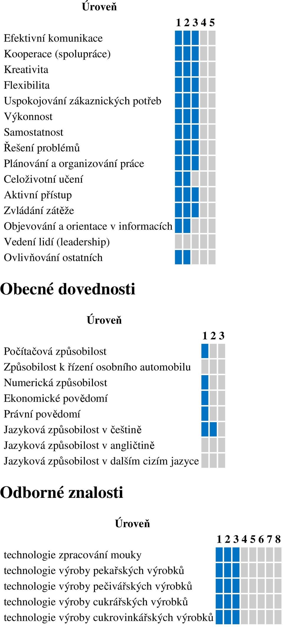 osobního automobilu Numerická způsobilost Ekonomické povědomí Právní povědomí Jazyková způsobilost v češtině Jazyková způsobilost v angličtině Jazyková způsobilost v dalším cizím jazyce Odborné