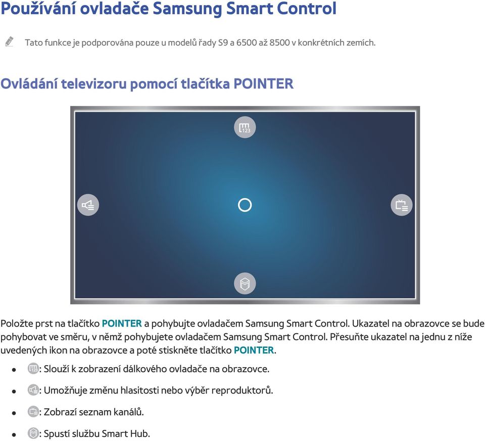 Ukazatel na obrazovce se bude pohybovat ve směru, v němž pohybujete ovladačem Samsung Smart Control.