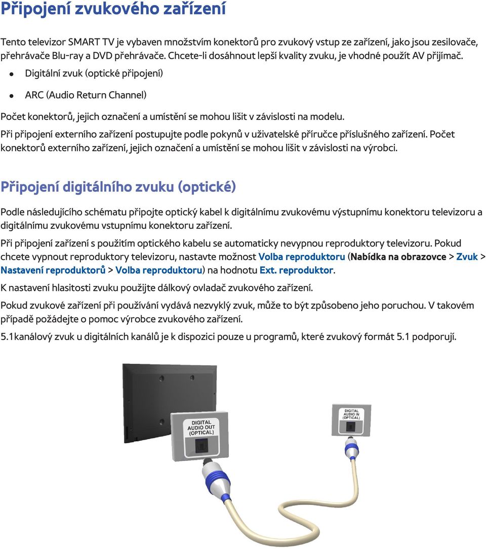 Digitální zvuk (optické připojení) ARC (Audio Return Channel) Počet konektorů, jejich označení a umístění se mohou lišit v závislosti na modelu.