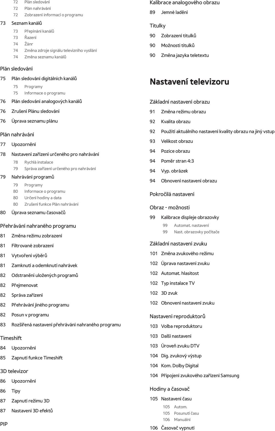 programu 76 Plán sledování analogových kanálů 76 Zrušení Plánu sledování 76 Úprava seznamu plánu Plán nahrávání 77 Upozornění 78 Nastavení zařízení určeného pro nahrávání 78 Rychlá instalace 79