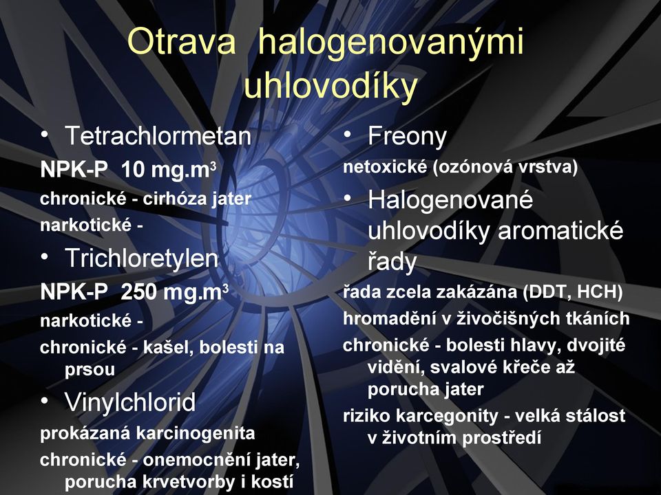 krvetvorby i kostí uhlovodíky Freony netoxické (ozónová vrstva) Halogenované uhlovodíky aromatické řady řada zcela zakázána (DDT, HCH)