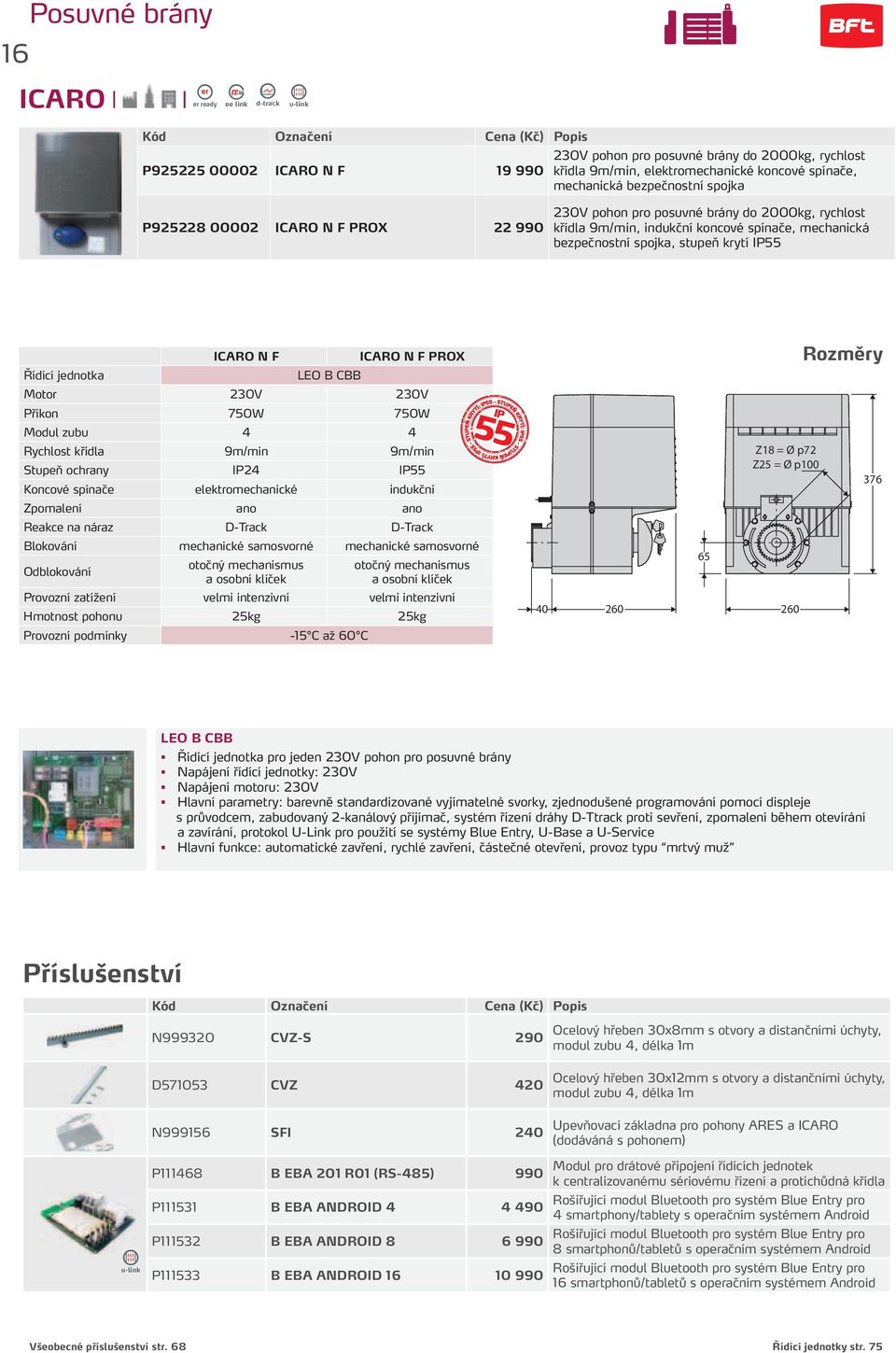 krytí IP55 ICARO N F ICARO N F PROX Řídící jednotka LEO B CBB Motor 230V 230V Příkon 750W 750W Modul zubu 4 4 Rychlost křídla 9m/min 9m/min Stupeň ochrany IP24 IP55 Koncové spínače elektromechanické