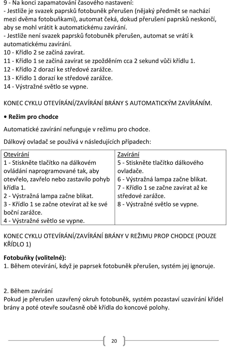 11 - Křídlo 1 se začíná zavírat se zpožděním cca 2 sekund vůči křídlu 1. 12 - Křídlo 2 dorazí ke středové zarážce. 13 - Křídlo 1 dorazí ke středové zarážce. 14 - Výstražné světlo se vypne.