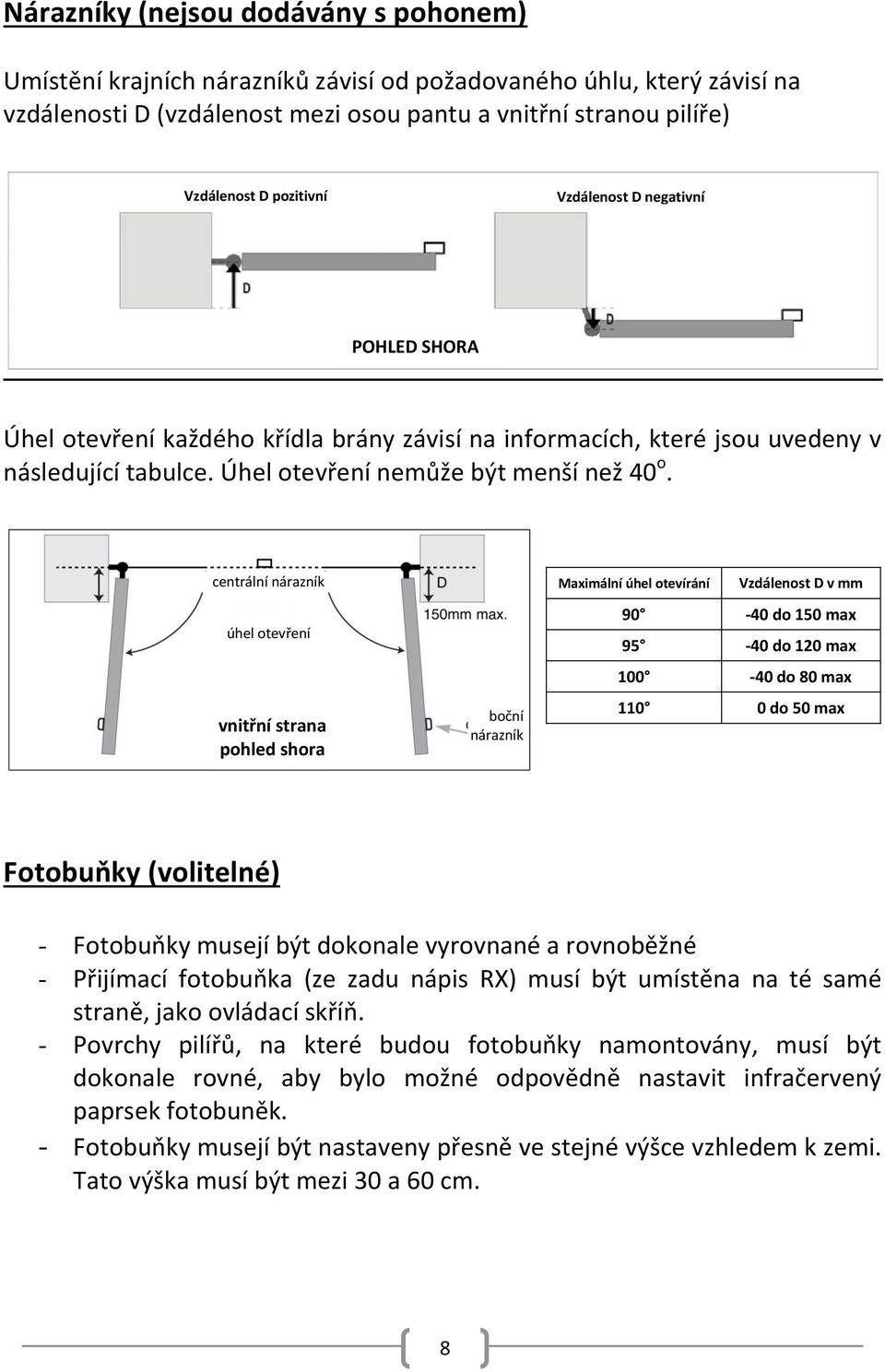 centrální nárazník úhel otevření vnitřní strana pohled shora boční nárazník Maximální úhel otevírání Vzdálenost D v mm 90-40 do 150 max 95-40 do 120 max 100-40 do 80 max 110 0 do 50 max Fotobuňky