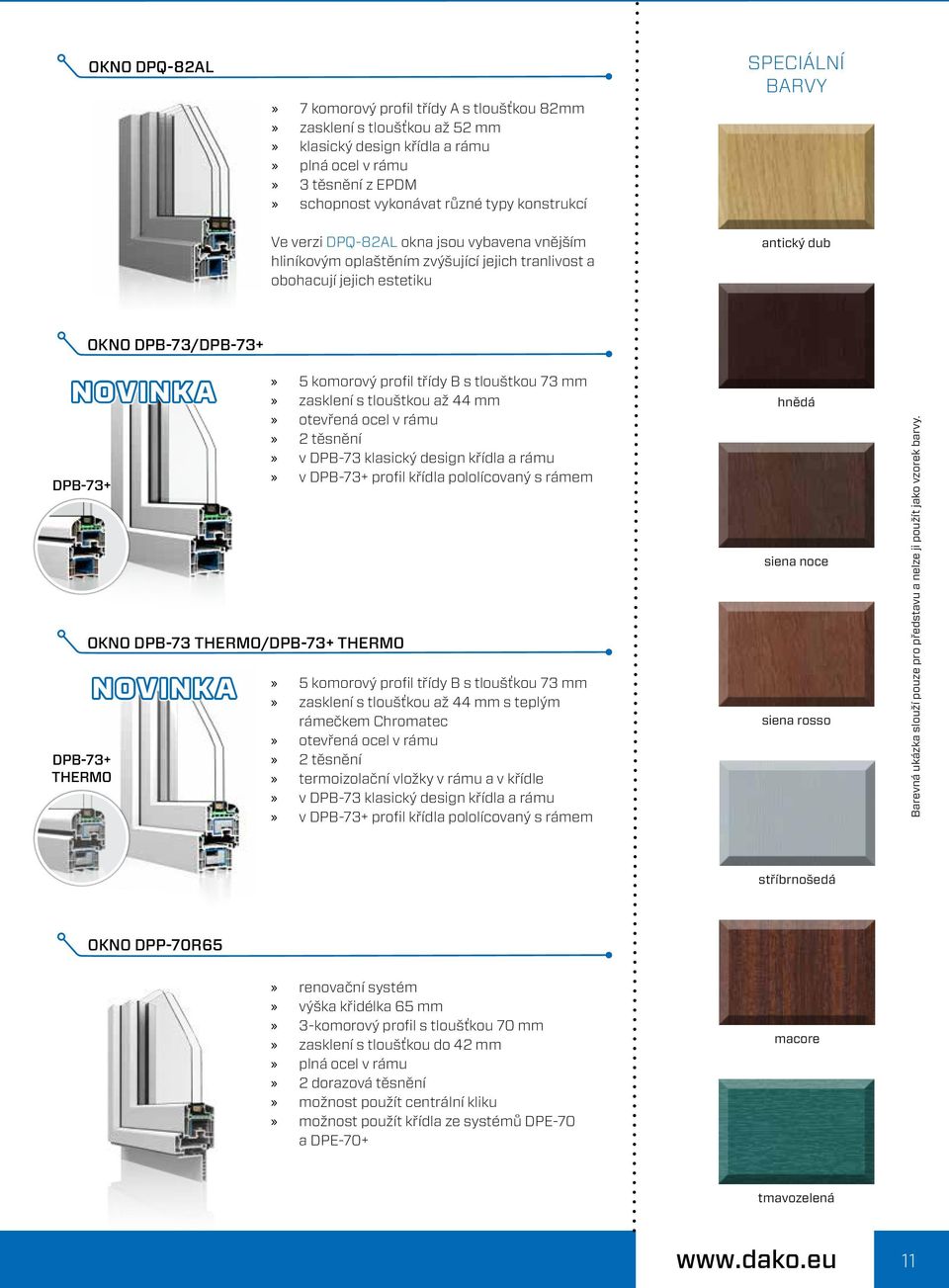 THERMO OKNO DPB-73 THERMO/DPB-73+ THERMO NOVINKA 5 komorový profil třídy B s tlouštkou 73 mm zasklení s tlouštkou až 44 mm otevřená ocel v rámu 2 těsnění v DPB-73 klasický design křídla a rámu v