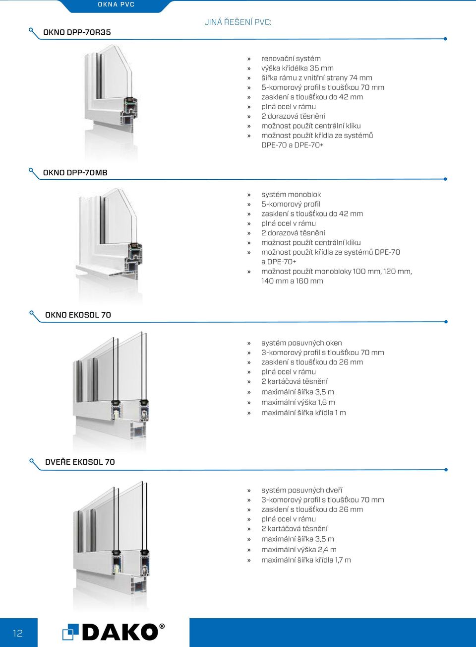 dorazová těsnění možnost použít centrální kliku možnost použít křídla ze systémů DPE-70 a DPE-70+ možnost použít monobloky 100 mm, 120 mm, 140 mm a 160 mm OKNO EKOSOL 70 systém posuvných oken