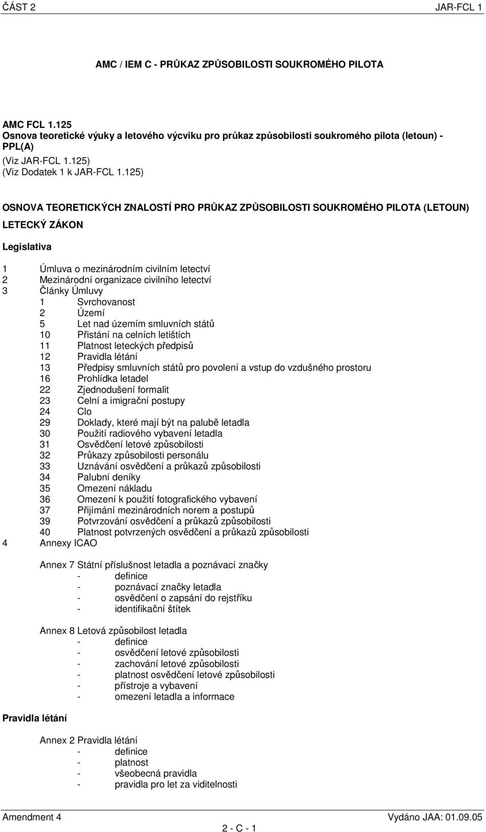 125) OSNOVA TEORETICKÝCH ZNALOSTÍ PRO PRŮKAZ ZPŮSOBILOSTI SOUKROMÉHO PILOTA (LETOUN) LETECKÝ ZÁKON Legislativa 1 Úmluva o mezinárodním civilním letectví 2 Mezinárodní organizace civilního letectví 3