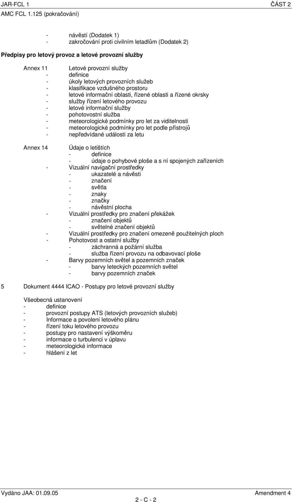 služba - meteorologické podmínky pro let za viditelnosti - meteorologické podmínky pro let podle přístrojů - nepředvídané události za letu Annex 14 Údaje o letištích - definice - údaje o pohybové