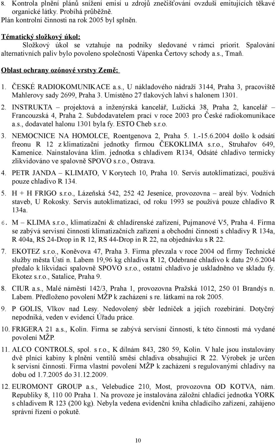 Oblast ochrany ozónové vrstvy Země: 1. ČESKÉ RADIOKOMUNIKACE a.s., U nákladového nádraží 3144, Praha 3, pracoviště Mahlerovy sady 26