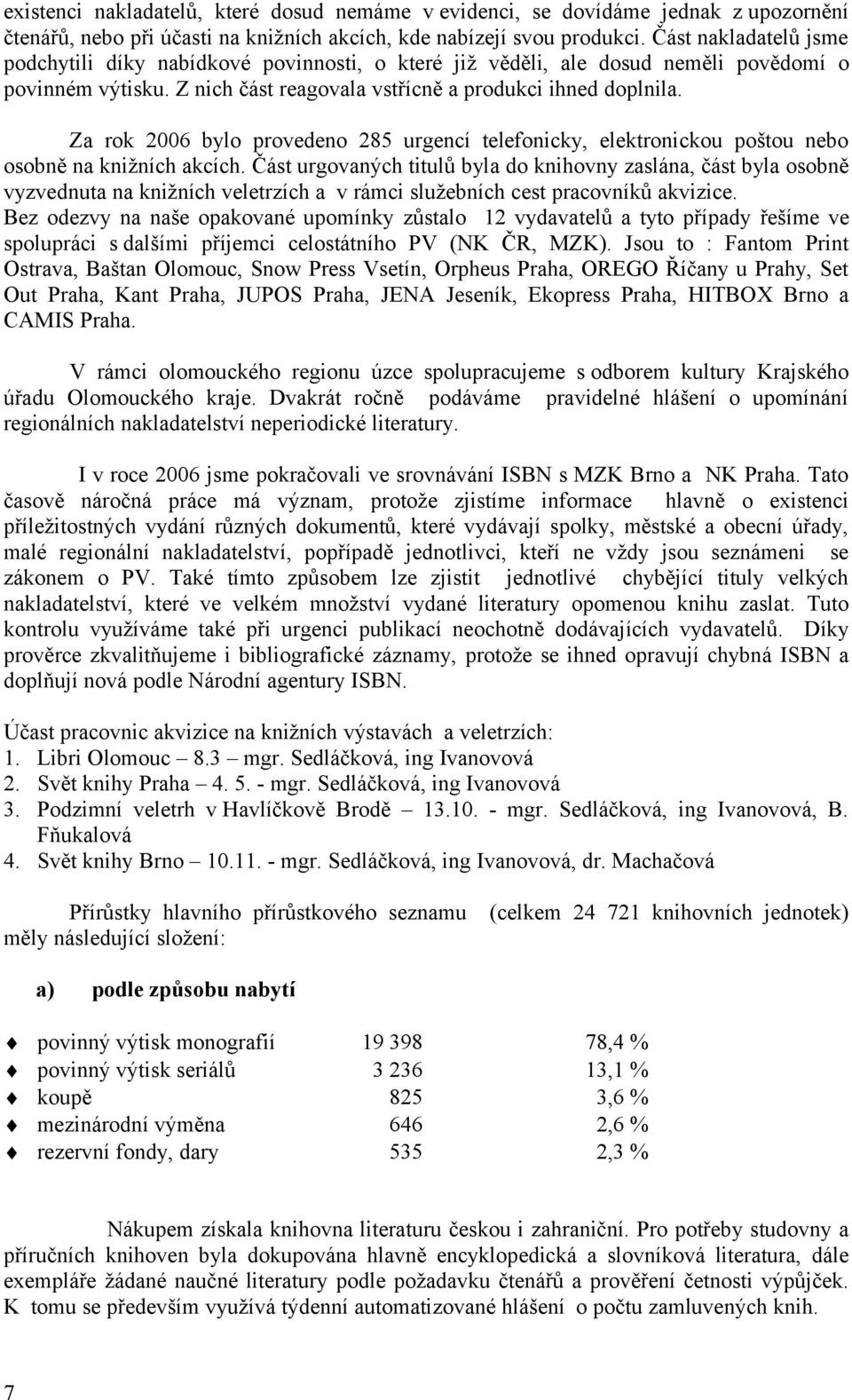 Za 2006 bylo provedeno 285 urgencí telefonicky, elektronickou poštou nebo osobně na knižních akcích.