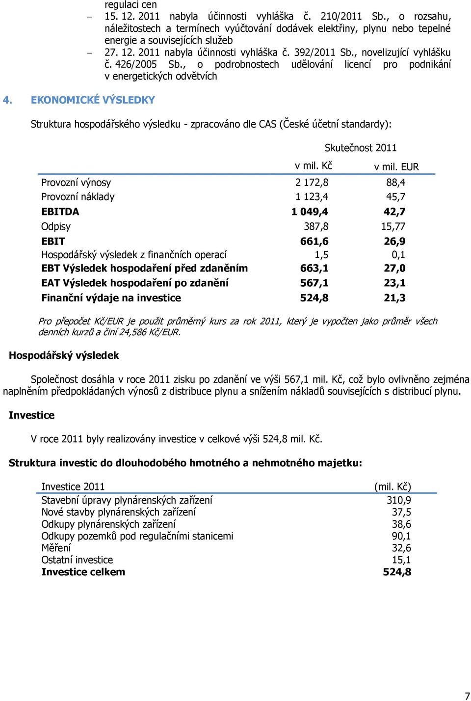 EKONOMICKÉ VÝSLEDKY Struktura hospodářského výsledku - zpracováno dle CAS (České účetní standardy): v mil. Kč Skutečnost 2011 v mil.