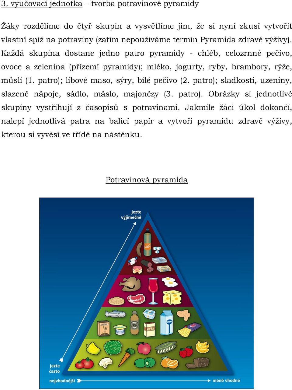 Každá skupina dostane jedno patro pyramidy - chléb, celozrnné pečivo, ovoce a zelenina (přízemí pyramidy); mléko, jogurty, ryby, brambory, rýže, müsli (1.