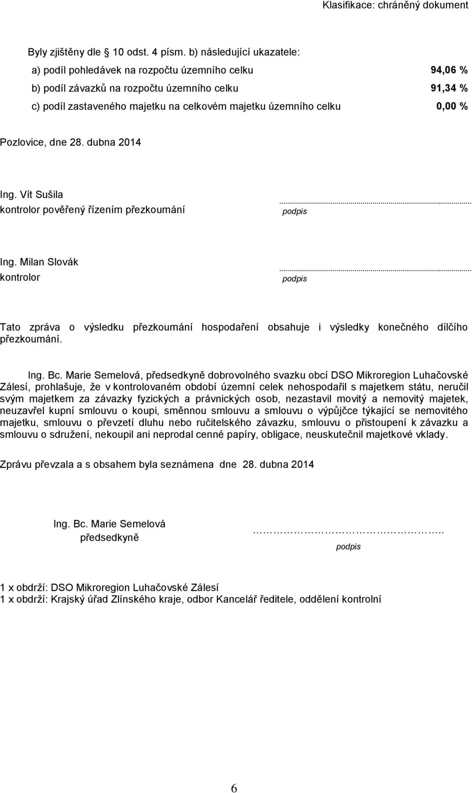 0,00 % Pozlovice, dne 28. dubna 2014 Ing. Vít Sušila kontrolor pověřený řízením přezkoumání podpis Ing.