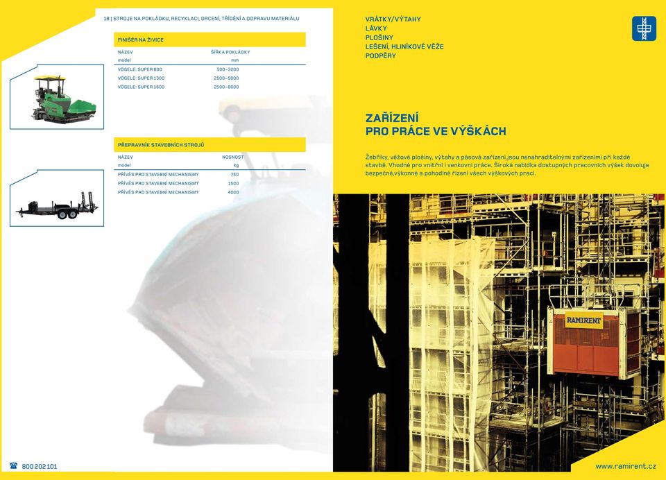 pro stavební mechanismy 1500 přívěs pro stavební mechanismy 4000 Zařízení pro práce ve výškách Žebříky, věžové plošiny, výtahy a pásová zařízení jsou