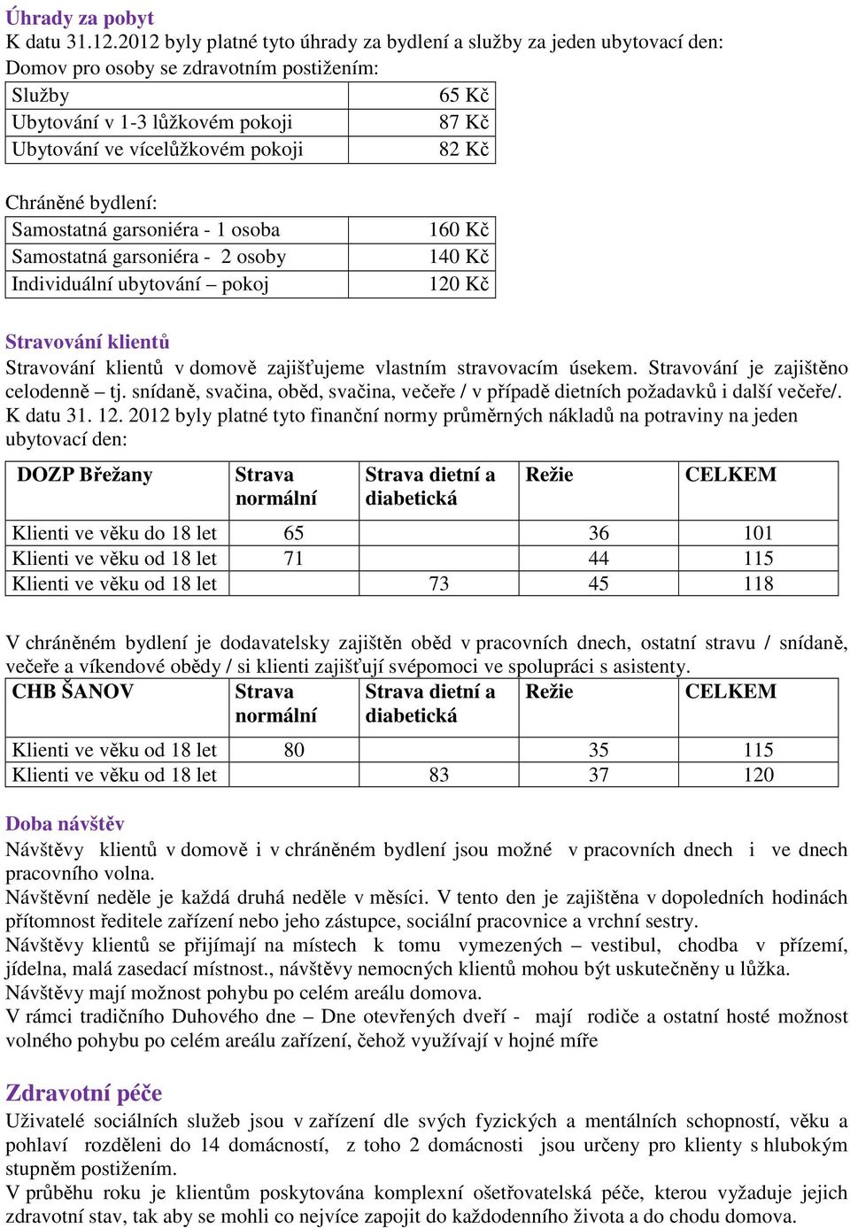 82 Kč Chráněné bydlení: Samostatná garsoniéra - 1 osoba Samostatná garsoniéra - 2 osoby Individuální ubytování pokoj 160 Kč 140 Kč 120 Kč Stravování klientů Stravování klientů v domově zajišťujeme