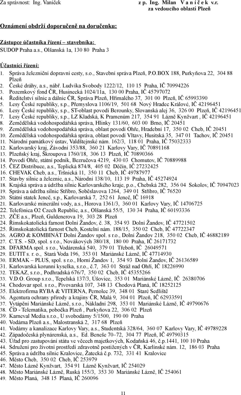 Pozemkový fond ČR, Husinecká 1024/11a, 130 00 Praha, IČ 45797072 4. Ředitelství silnic a dálnic ČR, Správa Plzeň, Hřímalého 37, 301 00 Plzeň, IČ 65993390 5. Lesy České republiky, s.p., Přemyslova 1106/19, 501 68 Nový Hradec Králové, IČ 42196451 6.