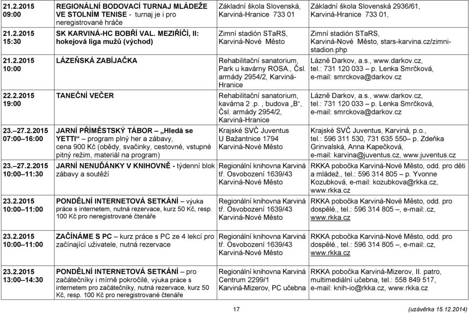 režim, materiál na program) JARNÍ NENUĎÁNKY V KNIHOVNĚ - týdenní blok zábavy a soutěží práce s internetem, nutná rezervace, kurz 50 Kč, resp.