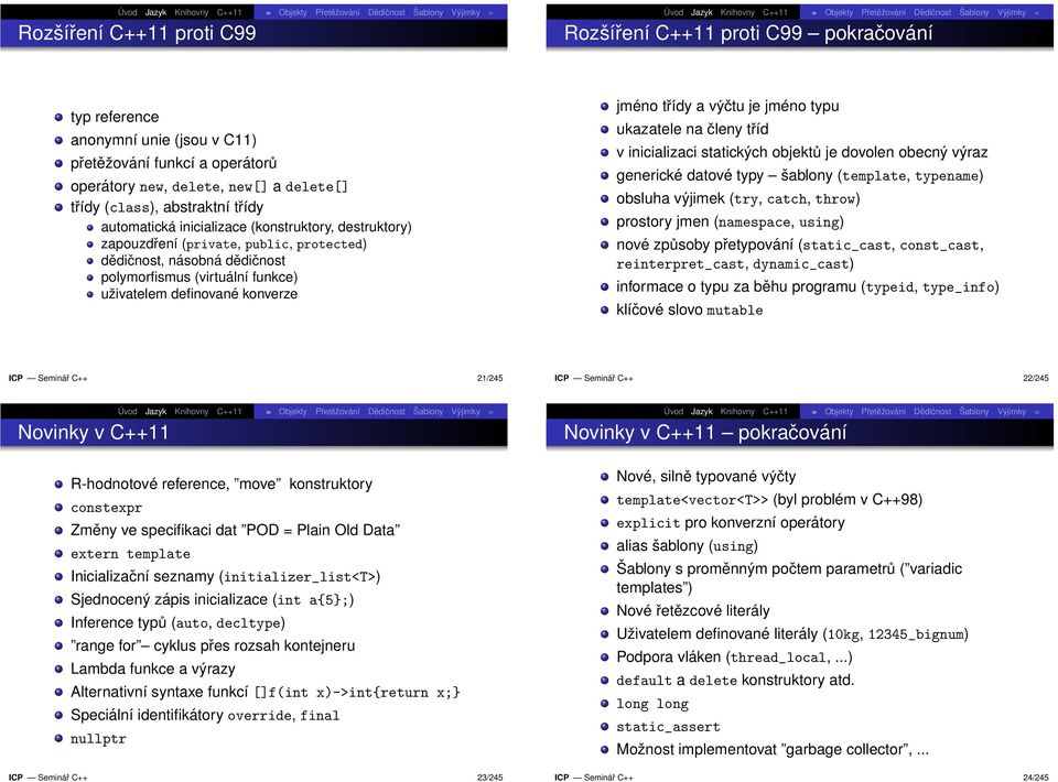 konverze jméno třídy a výčtu je jméno typu ukazatele na členy tříd v inicializaci statických objektů je dovolen obecný výraz generické datové typy šablony (template, typename) obsluha výjimek (try,