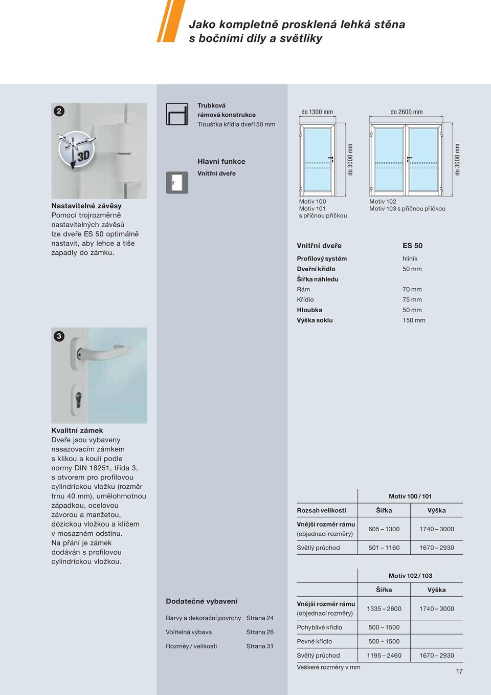 Motiv 100 Motiv 101 s příčnou příčkou Vnitřní dveře ES 50 Profilový systém Dveřní křídlo Šířka náhledu Rám Křídlo Hloubka Výška soklu Motiv 102 Motiv 103 s příčnou příčkou hliník 50 mm 70 mm 75 mm 50