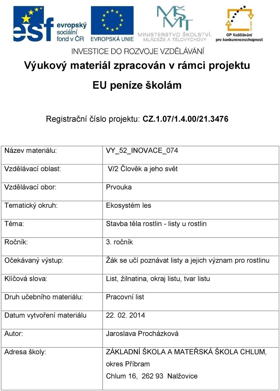 VY_52_INOVACE_074 V/2 Člověk a jeho svět Prvouka Ekosystém les Stavba těla rostlin - listy u rostlin 3.