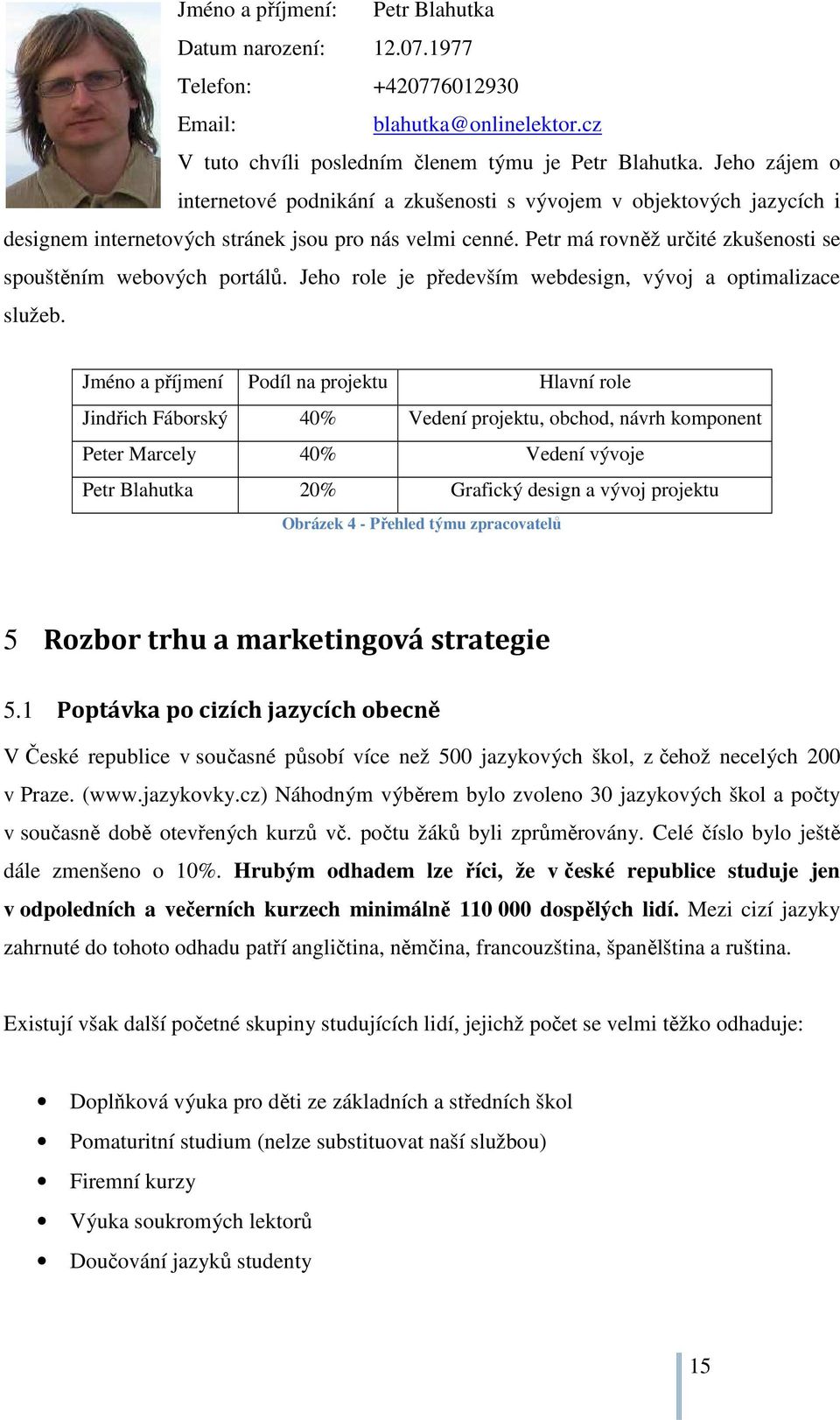 Petr má rovněž určité zkušenosti se spouštěním webových portálů. Jeho role je především webdesign, vývoj a optimalizace služeb.