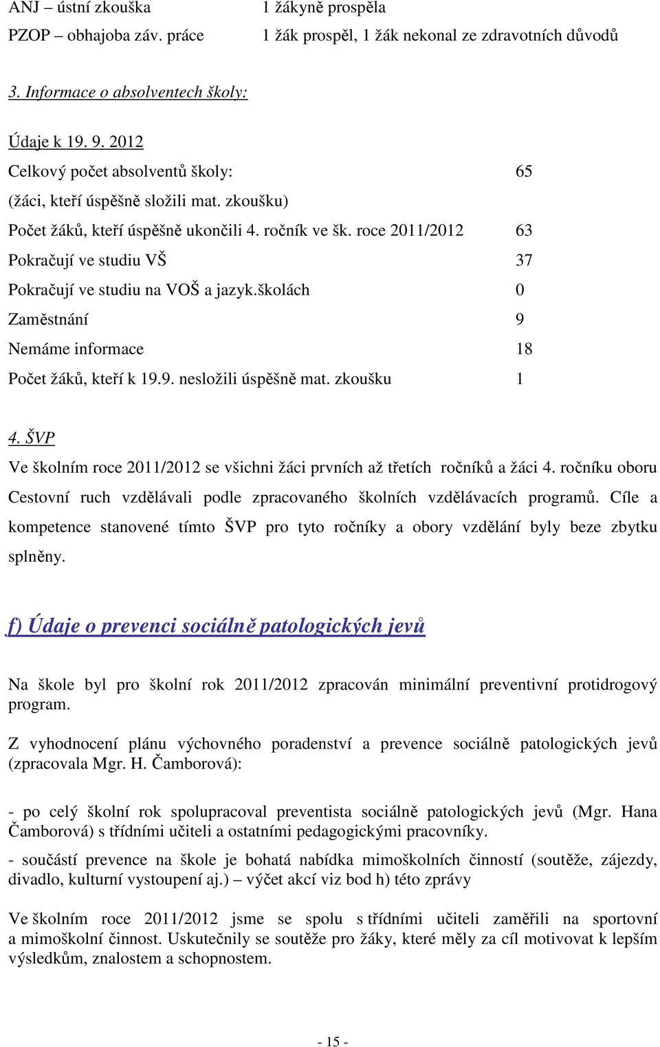 roce 2011/2012 63 Pokračují ve studiu VŠ 37 Pokračují ve studiu na VOŠ a jazyk.školách 0 Zaměstnání 9 Nemáme informace 18 Počet žáků, kteří k 19.9. nesložili úspěšně mat. zkoušku 1 4.