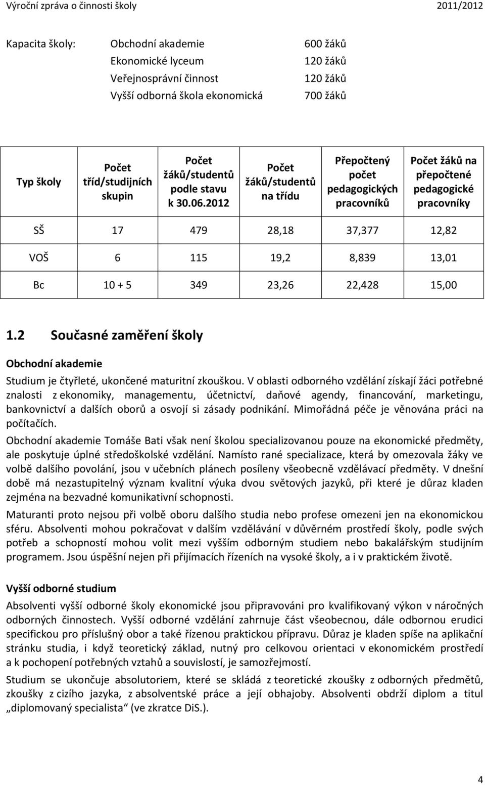 2012 Počet žáků/studentů na třídu Přepočtený počet pedagogických pracovníků Počet žáků na přepočtené pedagogické pracovníky SŠ 17 479 28,18 37,377 12,82 VOŠ 6 115 19,2 8,839 13,01 Bc 10 + 5 349 23,26