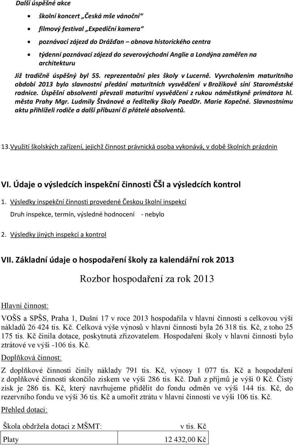 Vyvrcholením maturitního období 2013 bylo slavnostní předání maturitních vysvědčení v Brožíkově síni Staroměstské radnice.