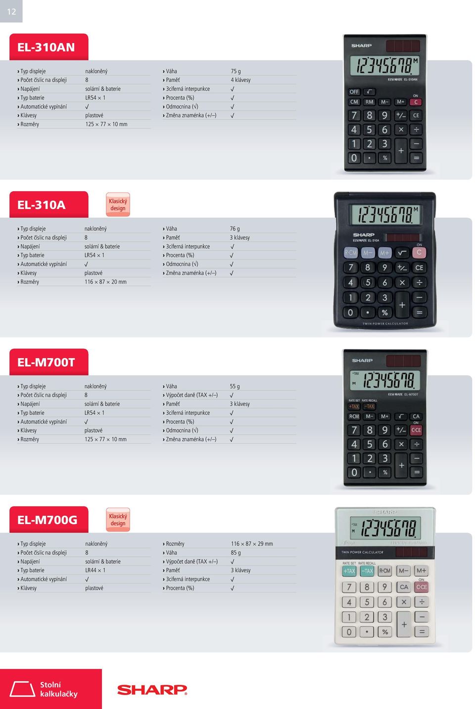 Odmocnina ( ) EL-M700T Typ displeje nakloněný Počet číslic na displeji 8 Typ baterie LR54 1 Rozměry 125 77 10 mm Váha 55 g Paměť 3 klávesy