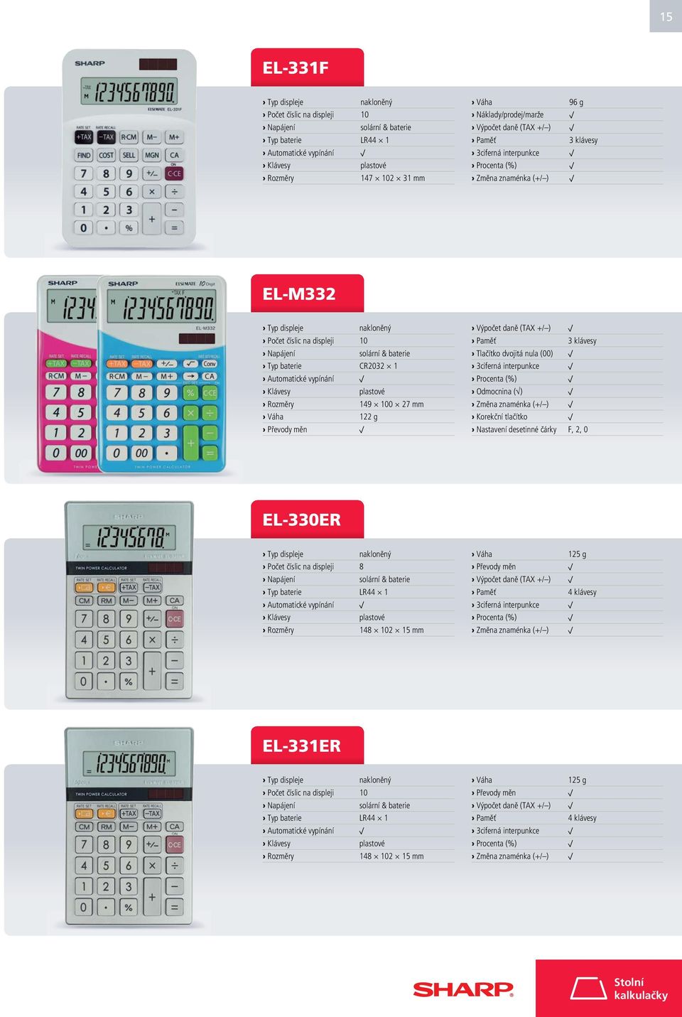 ) Korekční tlačítko Nastavení desetinné čárky F, 2, 0 EL-330ER Typ displeje nakloněný Počet číslic na displeji 8 Typ baterie LR44 1 Rozměry 148 102 15 mm Váha 125 g