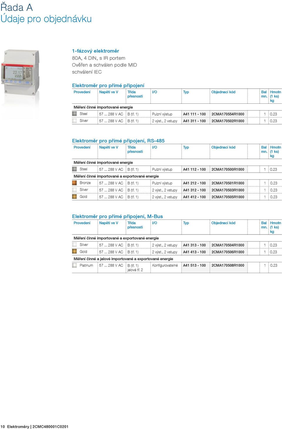 , 2 vstupy A41 311-100 2CMA170502R1000 1 0.23 (1 ks) kg Elektroměr pro přímé připojení, RS-485 Provedení Napětí ve V Třída přesnosti I/O Typ Objednací kód Bal mn.