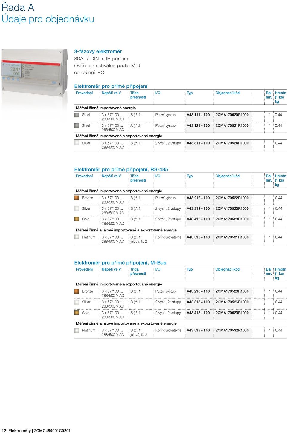 2) Pulzní výstup A43 121-100 2CMA170521R1000 1 0.44 Měření činné importované a exportované energie Silver 3 x 57/100... (1 ks) kg B (tř. 1) 2 výst., 2 vstupy A43 311-100 2CMA170524R1000 1 0.