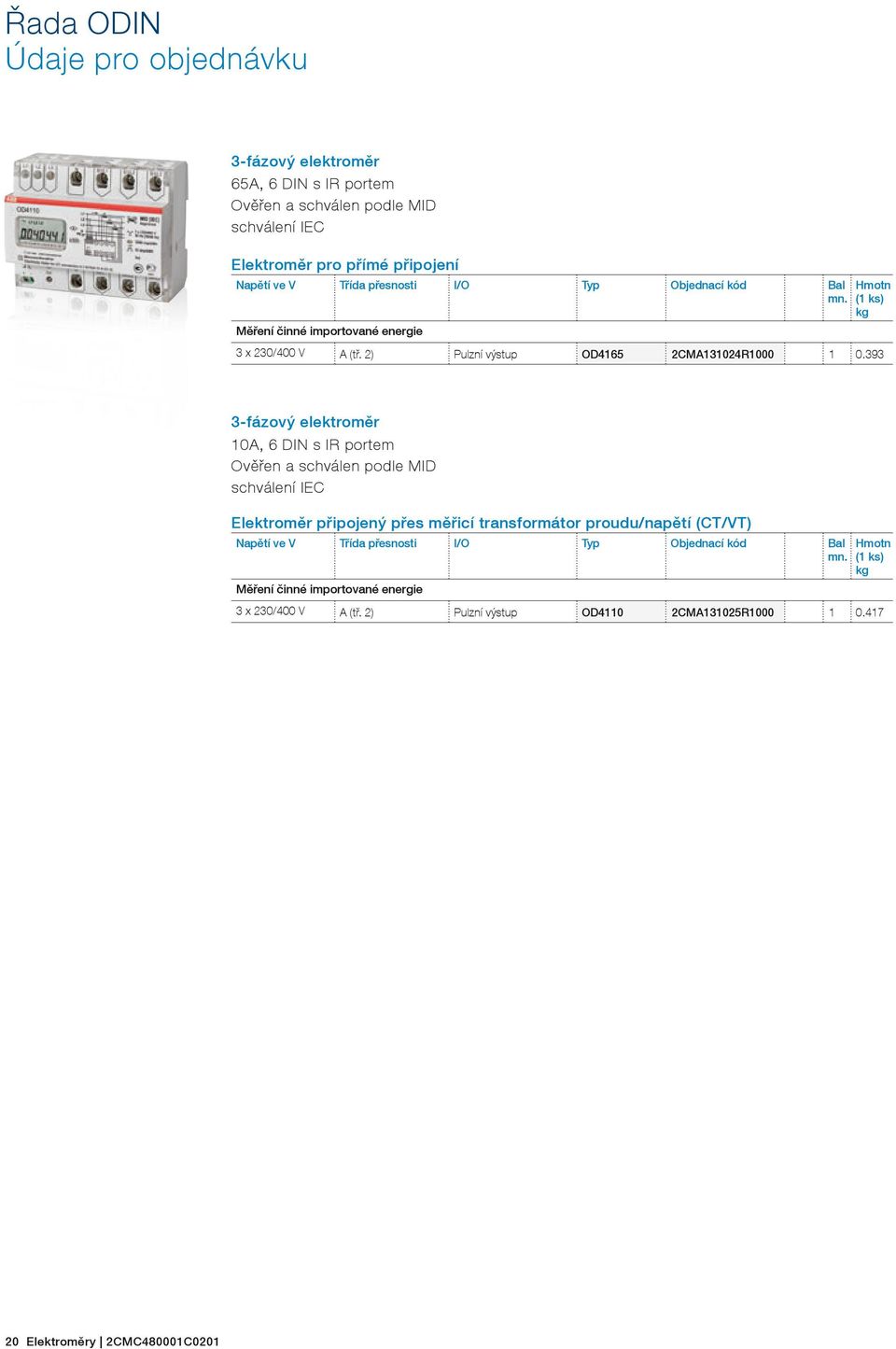 393 (1 ks) kg 3-fázový elektroměr 10A, 6 DIN s IR portem Ověřen a schválen podle MID schválení IEC Elektroměr připojený přes měřicí transformátor proudu/napětí (CT/VT)