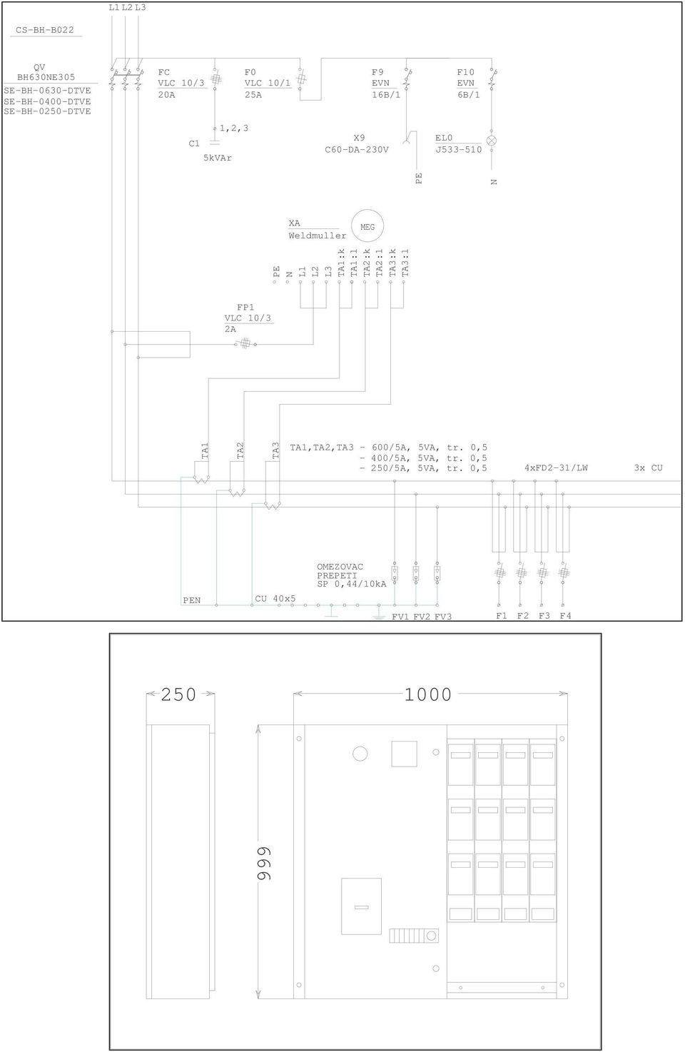 1,2,3 X9 C60-DA-230V EL0 J533-510 XA Weldmuller MEG FP1 2A TA1,TA2,TA3-600/5A, 5VA, tr.