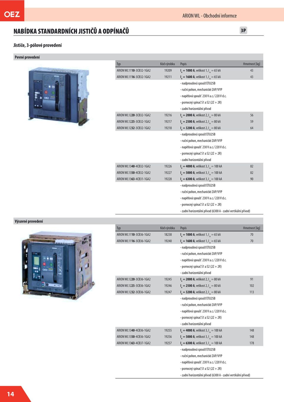 a.c./ 220 V d.c. - pomocný spínač S1 a S2 (2Z + 2R) - zadní horizontální přívod ARION WL1220-3CB32-1GA2 19216 I n = 2000 A, velikost 2, I cu = 80 ka 56 ARION WL1225-3CB32-1GA2 19217 I n = 2500 A,