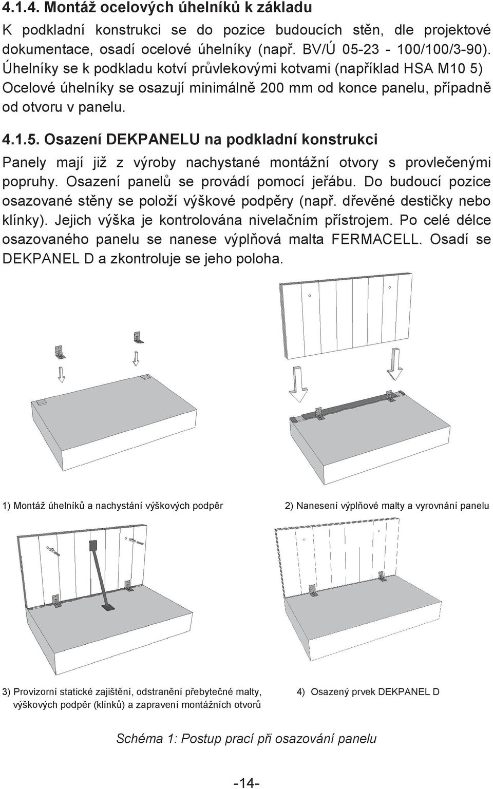 Osazení panel se provádí pomocí jeábu. Do budoucí pozice osazované stny se položí výškové podpry (nap. devné destiky nebo klínky). Jejich výška je kontrolována nivelaním pístrojem.