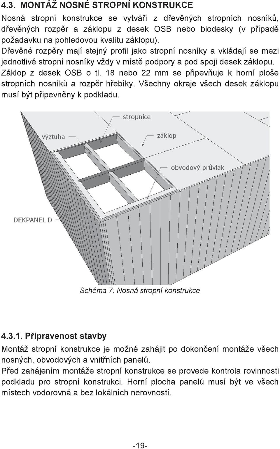 18 nebo 22 mm se pipev uje k horní ploše stropních nosník a rozpr hebíky. Všechny okraje všech desek záklopu musí být pipevnny k podkladu. Schéma 7: Nosná stropní konstrukce 4.3.1. Pipravenost stavby Montáž stropní konstrukce je možné zahájit po dokonení montáže všech nosných, obvodových a vnitních panel.