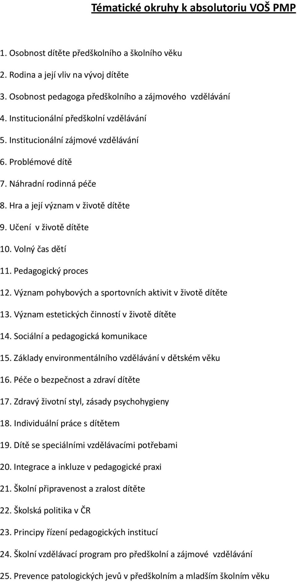 Volný čas dětí 11. Pedagogický proces 12. Význam pohybových a sportovních aktivit v životě dítěte 13. Význam estetických činností v životě dítěte 14. Sociální a pedagogická komunikace 15.