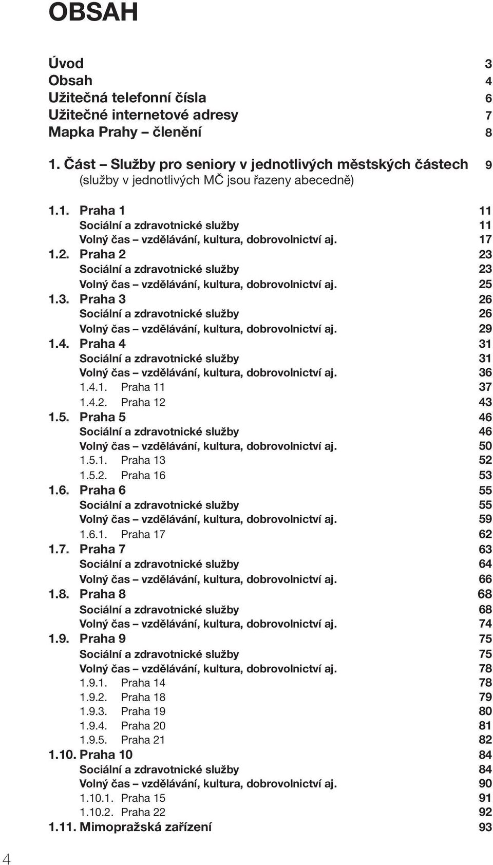 1. Praha 1 11 Sociální a zdravotnické služby 11 Volný čas vzdělávání, kultura, dobrovolnictví aj. 17 1.2. Praha 2 23 Sociální a zdravotnické služby 23 Volný čas vzdělávání, kultura, dobrovolnictví aj.