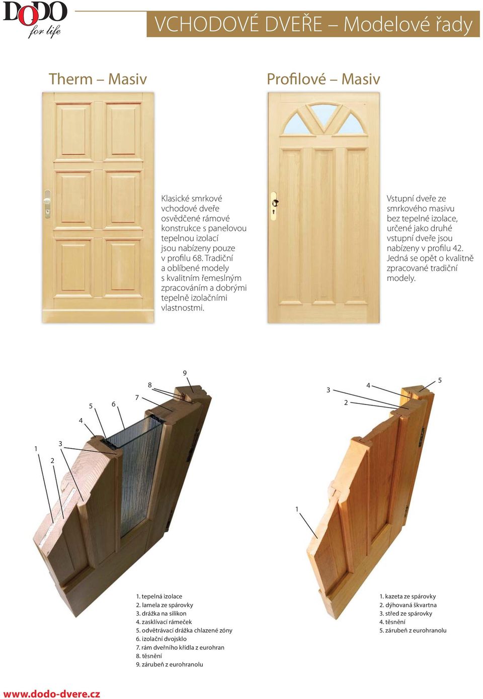 Vstupní dveře ze smrkového masivu bez tepelné izolace, určené jako druhé vstupní dveře jsou nabízeny v profilu 42. Jedná se opět o kvalitně zpracované tradiční modely. 5 6 7 8 9 3 2 4 5 4 1 2 3 1 1.