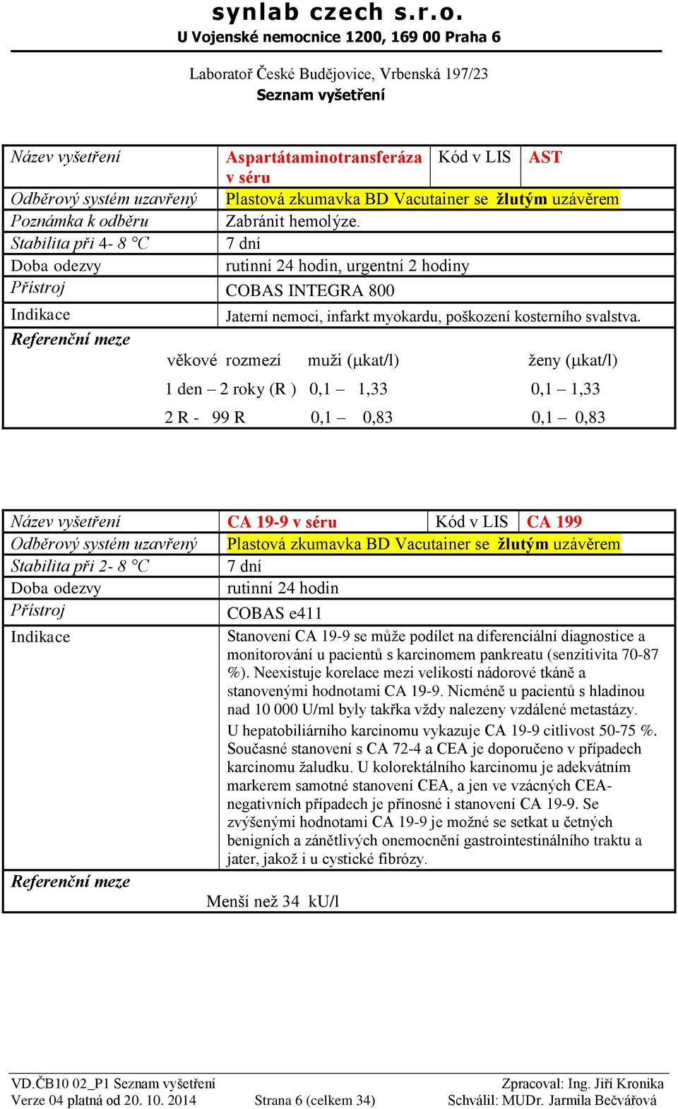 na diferenciální diagnostice a monitorování u pacientů s karcinomem pankreatu (senzitivita 70-87 %). Neexistuje korelace mezi velikostí nádorové tkáně a stanovenými hodnotami CA 19-9.