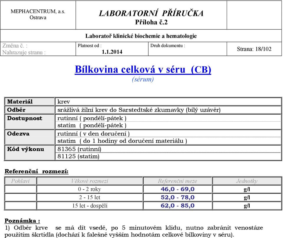 roky 46,0-69,0 g/l 2-15 let 52,0-78,0 g/l 15 let - dospělí 62,0-85,0 g/l Poznámka : 1) krve se má dít vsedě, po 5