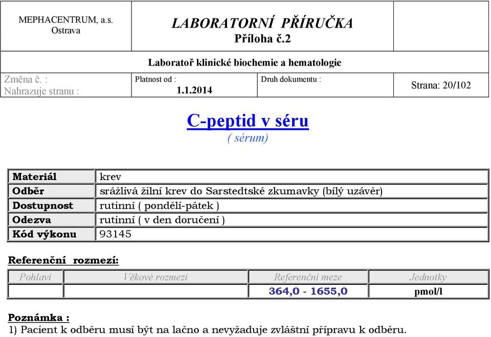 93145 364,0-1655,0 pmol/l Poznámka : 1) Pacient k