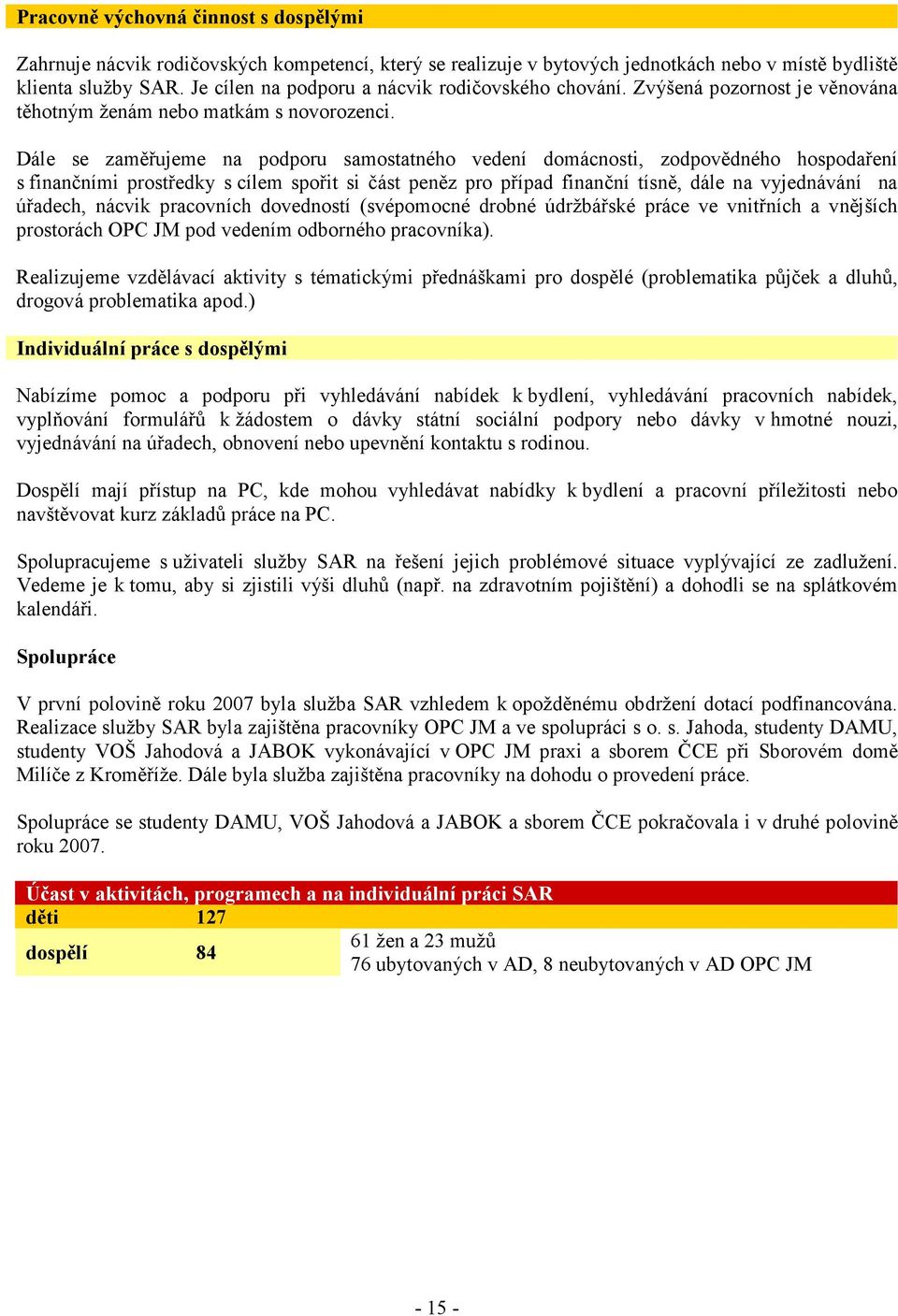 Dále se zaměřujeme na podporu samostatného vedení domácnosti, zodpovědného hospodaření s finančními prostředky s cílem spořit si část peněz pro případ finanční tísně, dále na vyjednávání na úřadech,