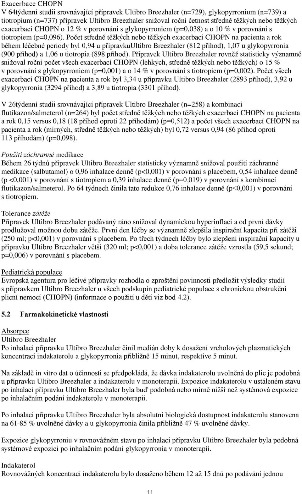 Počet středně těžkých nebo těžkých exacerbací CHOPN na pacienta a rok během léčebné periody byl 0,94 u přípravkuultibro Breezhaler (812 příhod), 1,07 u glykopyrronia (900 příhod) a 1,06 u tiotropia