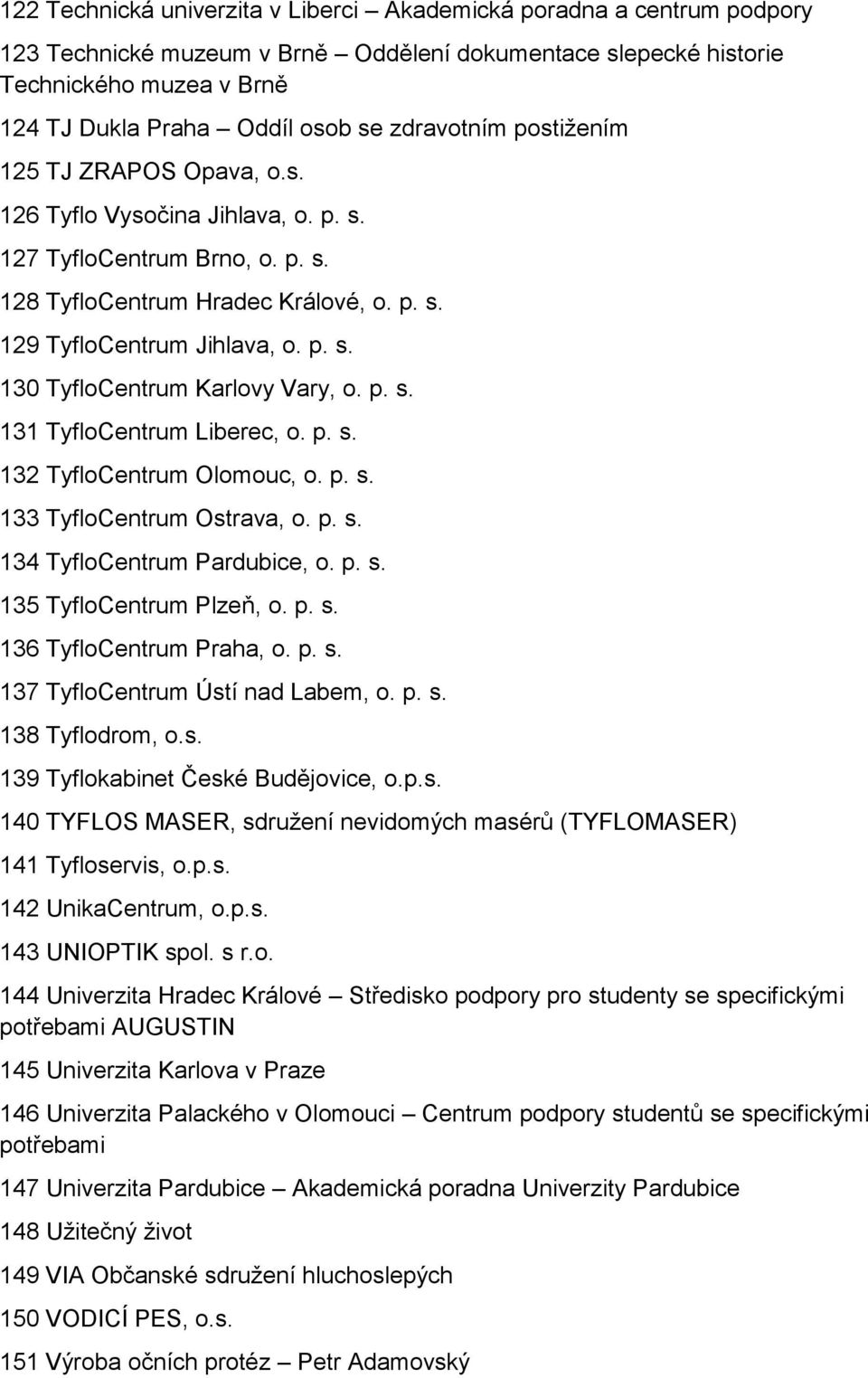 p. s. 131 TyfloCentrum Liberec, o. p. s. 132 TyfloCentrum Olomouc, o. p. s. 133 TyfloCentrum Ostrava, o. p. s. 134 TyfloCentrum Pardubice, o. p. s. 135 TyfloCentrum Plzeň, o. p. s. 136 TyfloCentrum Praha, o.